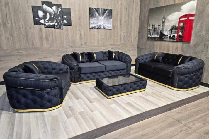Luxurious Black Velvet Chesterfield Sofa Set – 3+2+1 | 3+2 | 2+1