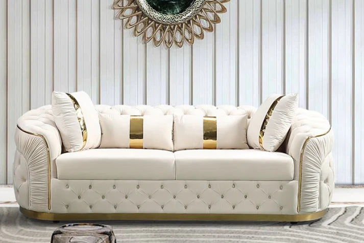 Luxurious Velvet Chesterfield Sofa Set – King Cream & Gold