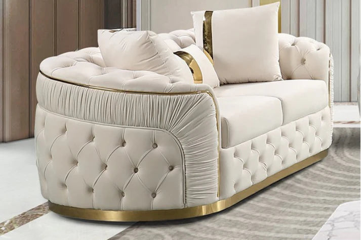 Luxurious Velvet Chesterfield Sofa Set – King Cream & Gold