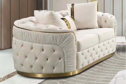 Luxurious Velvet Chesterfield Sofa Set – King Cream & Gold