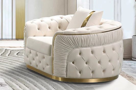 Luxurious Velvet Chesterfield Sofa Set – King Cream & Gold