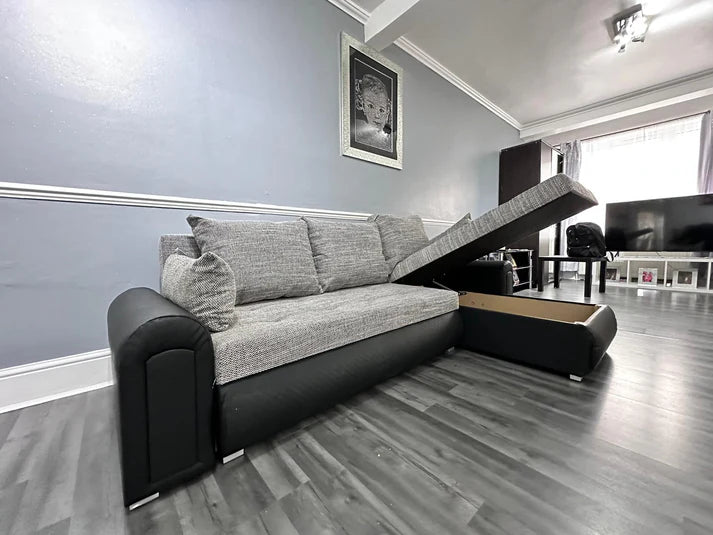 Berlin Universal Corner Sofa Bed with Storage – Grey Black – Left or Right Facing – Modern Convertible Sofa Bed UK