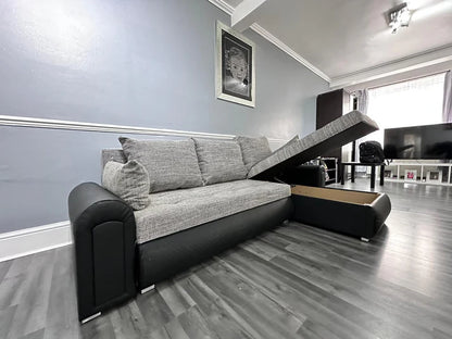 Berlin Universal Corner Sofa Bed with Storage – Grey Black – Left or Right Facing – Modern Convertible Sofa Bed UK
