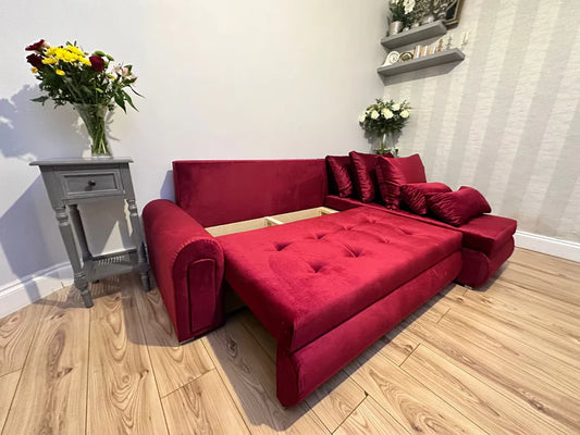 Berlin Universal Corner Sofa Bed with Storage – Maroon – Left or Right Facing – Modern Convertible Sofa Bed UK